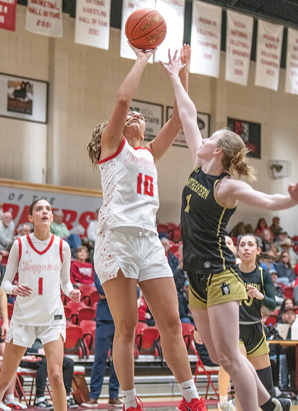Addison Hickey puts up a shot during the Trapper&rsquo;s play-in game against Northeastern Junior College. Hickey is one of a number of freshmen eligible to return for the Trappers next season.