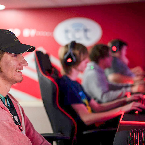 Joined by other competitors and video game enthusiasts, Overwatch alternate Landan Ohmdal plays during the Northwest College gaming center&rsquo;s open house in September.
PHOTO COURTESY NORTHWEST COLLEGE