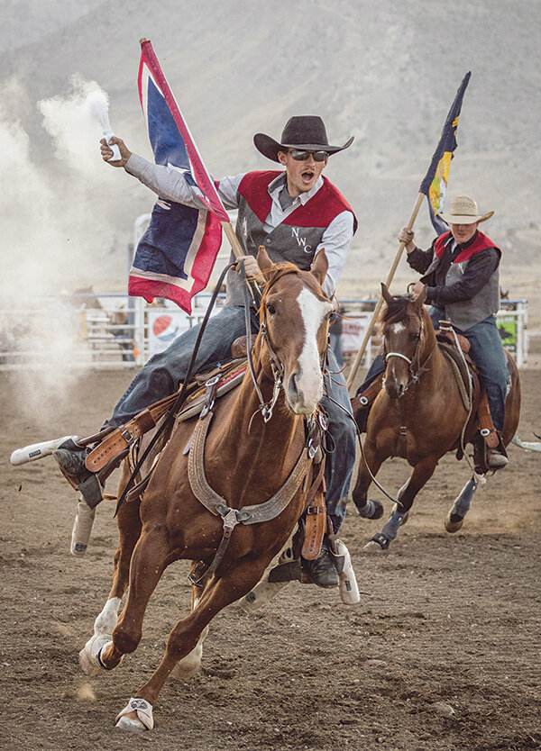 Gary Grant leads the charge before the rodeo as the Northwest College rodeo team opened the season at home on Friday night.
Tribune photo by Nalani Jordan