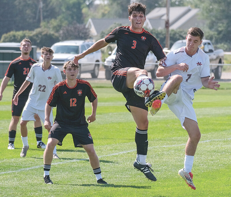 Shay Lonergan (right) challenges a Central Wyoming player for the ball on Saturday. Northwest moved up to No. 12 in the national rankings before heading on the road to Otero and Trinidad this weekend.
Tribune photo by Seth Romsa
